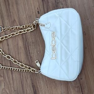 Bebe Quilted White Shoulder Bag  Gold Chain & Crosby Strap Buckle 9 x 5" Bridal